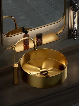 Altın paslanmaz çelik masa lavabo ışık lüks ince kenar entegre lavabo sanat havzası banyo siyah yuvarlak lavabo