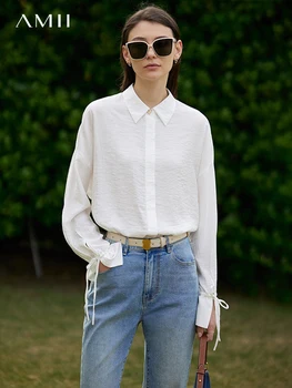 AMİİ Minimalizm Gömlek Kadınlar için 2023 Bahar Yeni Tasarım Bluzlar Pilili Doku Üstleri Lace Up Gizli Placket Gömlek 12371062