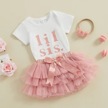 Bebek Bebek Kız 3 Parça Kıyafet Kısa Kollu Mektup Baskı Romper Elastik Bel Örgü Etek 3D Çiçek Kafa Bandı Toddler Seti