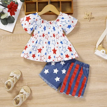 PatPat Bağımsızlık Günü 2 adet Bebek Kız Yıldız Baskı Önlüklü Kısa kollu Elbise ve %95 % Pamuk şort takımı
