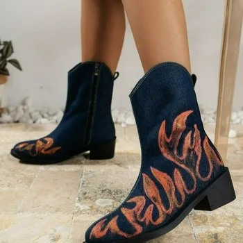 2023 Marka Ayakkabı Kadın Ayak Bileği bayan Botları Retro Modern Çizmeler Kadın Baskı Yan Fermuar Sivri Burun Dikiş Med Topuk Bayan Ayakkabıları