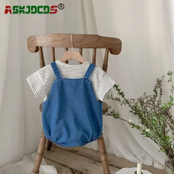 2024 Yeni Çocuk Bebek Giyim Yaz Yenidoğan Bebek Kız Denim Pamuk Dantelli Nakış Mektup Bodysuits Çizgili En Tees