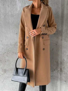 Sonbahar Kış Yün Ceket Kadın Zarif Ince Uzun Ceket Kadın Bağbozumu Kruvaze Palto Bayanlar Rahat Düz Renk Mont