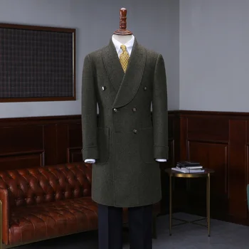 Kış Yün Karışımları Custom Made Slim Fit Erkek Takım Elbise Düğün İçin Koyu Yeşil Şal Yaka Kruvaze Palto Erkek Dış Giyim