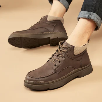 Açık Sonbahar Kış erkek yarım çizmeler Konfor Yürüyüş Sneakers Günlük Gidip rahat ayakkabılar Moda Hakiki Deri İnek Derisi Çizmeler