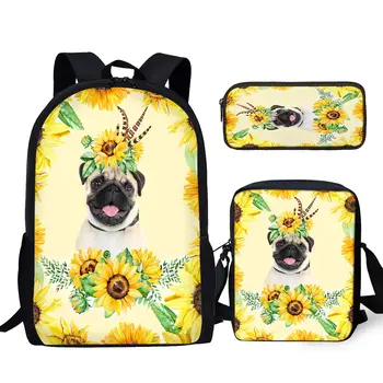 YIKELUO Moda Pug Köpek Ayçiçeği Baskı 3 adet Öğrenci Okula Dönüş hediye paketi Dayanıklı Sırt Çantası askılı çanta Çiçek Kalem Kutusu