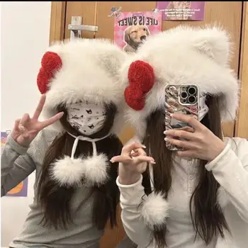 Anime Hobi Beyaz Sevimli Yay Hello Kitty Peluş Şapka Kadın Kış Peluş kulak koruyucu Lei Feng Şapka Sıcak Tutmak için Soğuk ve Rüzgar Geçirmez