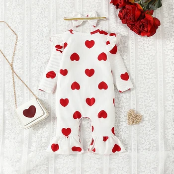Yenidoğan Bebek Kız Sevgililer Günü Tulum Tatlı Kalp Baskı Fırfır Uzun Kollu Flare Pantolon Romper Güz Bodysuit