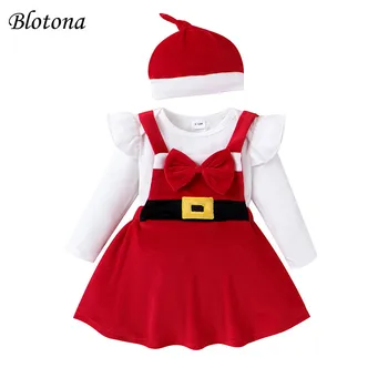 Blotona Bebek Bebek Kız Santa Kıyafetler Düz Renk Uzun Kollu Romper + Kolsuz Yay Elbise + Düğümlü Şapka 0-18Months