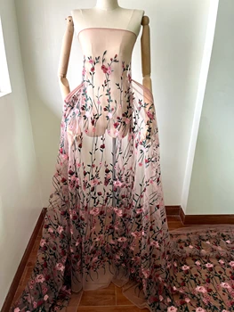 Güzel Tam Çiçek Nakış Karides Pembe Örgü Dantel Kumaş Dıy Moda Akşam Elbise Giyim Dikiş Kumaş X1089