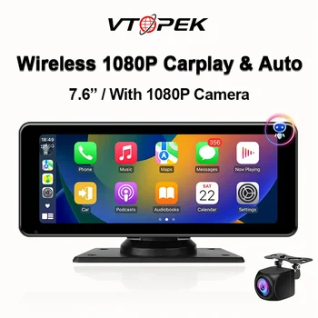 Vtopek 7.6 İnç Kablosuz Carplay ve Android Oto Araba Ekran IPS 1080P Dikiz Kamera Taşınabilir Araç Multimedya Kafa Ünitesi USB AUX