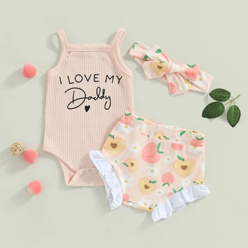 Yeni Moda Bebek Kız Yaz 3 ADET Kıyafet Setleri Kolsuz Mektup Baskı Romper + Şeftali Baskı Şort + Kafa Bandı 0-18 Ay