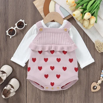 Toddler Bebek Kız Sevgililer Günü Kıyafet Genel fırfır etekli Halter Tank Top Sevimli Kalp Örgü Romper Bahar Giysileri