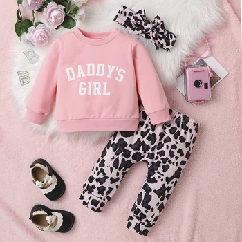 Üç Parçalı Sonbahar Kış Kız Bebek moda Giyim Pamuk Monogrammed Üst + Leopar Baskı Pantolon + Kafa Bandı