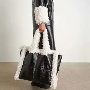 Moda Taklit Kuzu Yün Kadın omuz çantaları tasarımcı çantaları Lüks Taklit Kürk askılı çanta Büyük Kapasiteli Tote Sıcak Çantalar