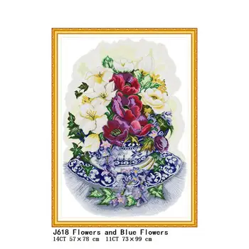 Çiçekler Ve Mavi Çiçekler Sayılan Baskılı Çapraz Dikiş Kiti 14CT 11CT Beyaz Kumaş Nakış Seti DIY Desen Ev Dekor Boyama