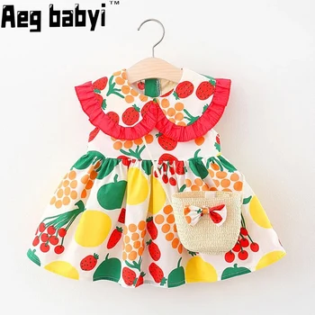 Bebek Elbise Bebek Yaka Güzel Yaz Bebek Bebek Kız Çiçek Elbise Sundress Kıyafetler Çiçek Elbise + Çanta Elbise Seti 2 adet / takım