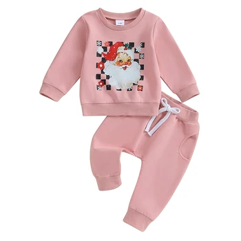 2 Adet Bebek Noel Kıyafetleri Uzun Kollu Santa Kardan Adam Baskı Tişörtü Kazak Pantolon Seti Giysileri