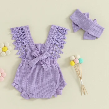Bebek Kız Romper Kolsuz Dantel fırfır etekli Yay Dekore Bodysuit Kafa Bandı ile Bebek Yaz Sonbahar Giysileri