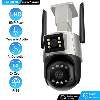 HAMROL 8MP 4K Çift Lens PTZ IP Kamera ile Çift Ekran Açık İnsan Algılama CCTV Renkli Gece Görüş 6MP wifi güvenlik kamerası