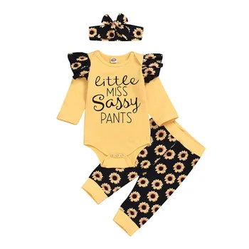 Bebek Giysileri Tulum Bodysuit Üstleri Pantolon Kafa Bandı Kıyafetler Set Mektup Üstleri Tulum Bodysuit Mektup Üstleri Çiçek Pantolon Kafa Bandı