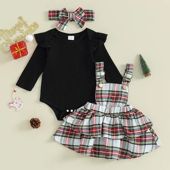 Bebek Kız 3 ADET Etek Setleri Siyah Uzun Kollu fırfırlı kıyafet Ekose Askı Etek Bandı Setleri