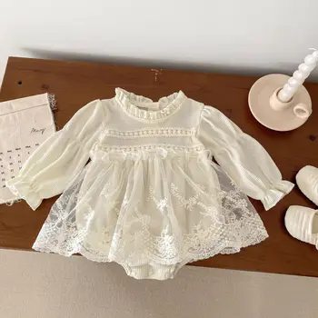 2023 Sonbahar Bahar Yeni Yürümeye Başlayan Kızlar Dantel Romper Bebek Bebek Kabarcık Kollu Dolunay Prenses Örgü Sarmaşık Bebek Kız Tatlı Elbise