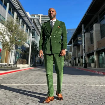 Yeşil Kadife Takım Elbise Erkekler için 2 Adet Kruvaze Doruğa Yaka Blazer Setleri İş Ofis Düğün Parti Erkek Giysileri