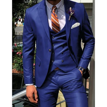 Mavi Kruvaze Yaka Erkek Takım Elbise 3 Adet (Ceket+Pantolon+Yelek) iş Rahat Düğün Parti modern erkek Takım Elbise Düğün İçin