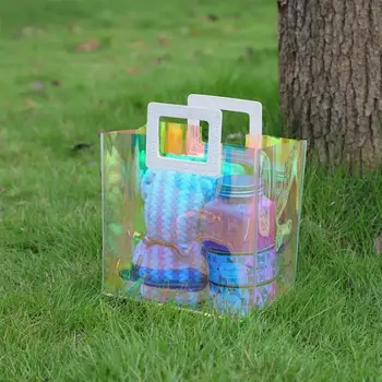 Şeffaf Hologram alışveriş çantası Yanardöner Premium Glitter Alışveriş PVC Çanta Kadınlar İçin Kız Yanardöner noel hediyesi saplı çanta