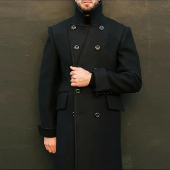 Siyah Adam Uzun Ceket Kruvaze Yün Karışımı erkek Takım Elbise Ceketler Kış Sıcak Palto Custom Made Blazer Dış Giyim Damat Smokin