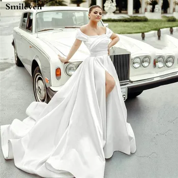 Smileven Prenses düğün elbisesi Pleats Kapalı Omuz Gelin Elbiseler Yan Bölünmüş Suudi Arabistan Vestido de novia Gelinlikler