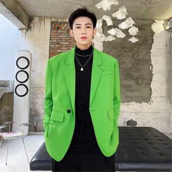 Floresan Yeşil Küçük Takım Elbise erkek Gevşek Uydurma Moda Sokak Patlama Parlak Renk Takım Elbise Şarkıcı Ve Ev Sahibi Performans Takım Elbise