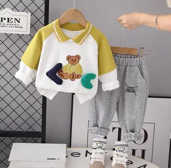 Çocuk Erkek Giyim Takım Elbise 1 İla 2 Yıl Çocuklar Karikatür Mektup Ayı turn-aşağı Yaka Uzun Kollu T-shirt Pantolon Yürümeye Başlayan Eşofman