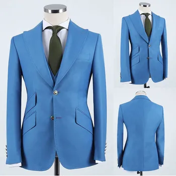 Son Mavi Erkek Takım Elbise 2023 Doruğa Yaka Bahar Smokin Akıllı Rahat Düğün Groomsmen Parti Balo İş (Ceket + Yelek + Pantolon)