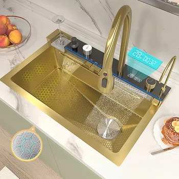 Altın Şelale Mutfak Lavabo Paslanmaz Çelik Altın Lavabo Çok Fonksiyonlu dijital ekran Seti Büyük Tek Yuvalı lavabo
