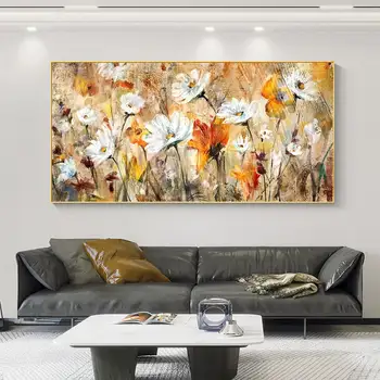Turuncu Ve Beyaz Çiçek Manzara Yağlıboya Tuval üzerine Büyük Soyut Modern Çiçek El Yapımı Yağlıboya Oturma Odası Duvar Sanatı