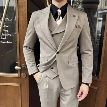 Yüksek kaliteli erkek Düğün Takım Elbise (takım elbise + Yelek + Pantolon) ziyafet İş Rahat Moda Yakışıklı Şık Üç parçalı Moda
