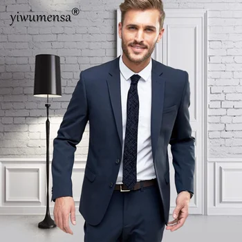 Resmi İş erkek Takım Elbise Tek Göğüslü Blazer Pantolon 2 Parça Set Damat Giyim Lacivert Düğün Smokin Terzi giyim