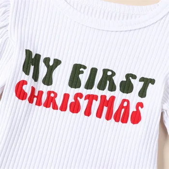 Yenidoğan Toddler Bebek Kız Noel Kıyafetleri Uzun Kollu Santa Bebek Harfler Kazak Üstleri Çan Dipleri Flare Pantolon
