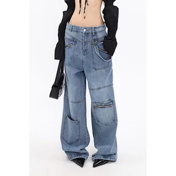 Moda Sonbahar Denim Pantolon Kadın Yüksek Bel Baggy Kot Sokak Sıcak Kız İnce Çok Cep Geniş Bacak Kargo Pantolon Kadın