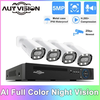4CH H. 265 + 4K POE NVR CCTV Sistemi Kiti İki Yönlü Ses 5MP Renkli Gece Görüş su geçirmez ip kamera Video Güvenlik gözetleme seti