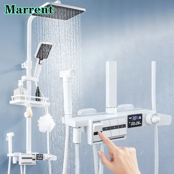 Beyaz Dijital Duş Sistemi Kaliteli Pirinç Termostatik Piyano Banyo Mikser Musluk yağmur biçimli duş Kafa Sıcak Soğuk Dijital Duş Seti