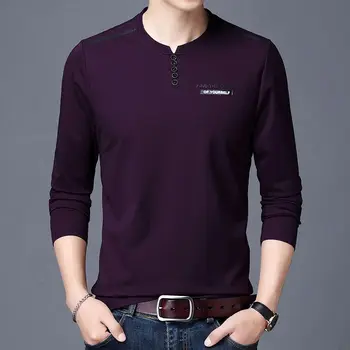 Moda O-boyun Eklenmiş Düğme Tüm Maç Tee Gömlek erkek Giyim 2023 Sonbahar Kış Yeni Büyük Boy Casual Tops Kore Tişört