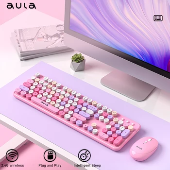 AULA AC306 2.4 G Kablosuz Klavye ve Fare Combo Ergonomik Yuvarlak 104 Tuşları Retro Klavye Dizüstü PC İçin