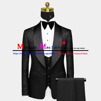 Slim fit uzun kollu erkek gömlek Takım Elbise Klasik Siyah Jakarlı Düğün Takım Elbise Erkekler İçin 2023 Kostüm Homme 3 Adet Damat Parti Düğün Smokin Blazer Setleri