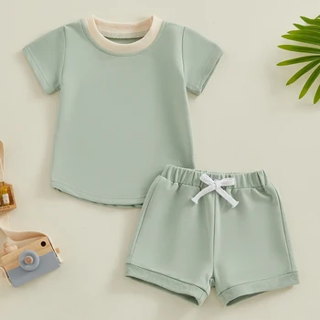 Bebek Kız şort takımı Yürümeye Başlayan yaz giysileri Kısa Kollu Temel Pamuklu T Shirt Üst ve şortlar Nötr Kıyafet