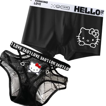 Sevimli Hello Kitty Çift Iç Çamaşırı Karikatür Yeni Seksi Scarless Hollow Out Kadınlar dantel şeffaf ağ Ince Kawaii Kız Aksesuarları