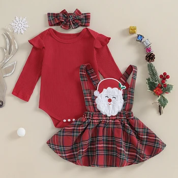 Bebek Kız Noel Kıyafeti, uzun kollu Elk/Ekose Askı Elbise ve kafa bandı ile Katı Romper