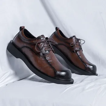 Derby Ayakkabı Yeni İngiliz Erkek deri ayakkabı Yumuşak Resmi Elbise İş Loafer'lar Bahar Sonbahar Dantel-up Düğün Ayakkabı erkekler için